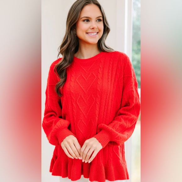 Mint Julep Boutique Sweaters - Red Ruffle Cable-Knit Sweater | Crew Neck | S | New | Mint Julep Boutique